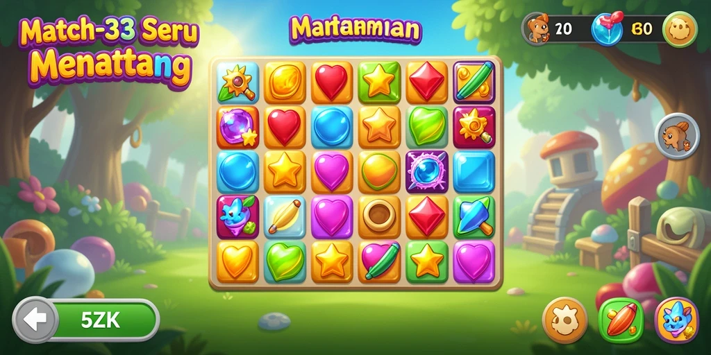 Screenshot gameplay 5ZK menampilkan pencocokan batu permata berwarna.
