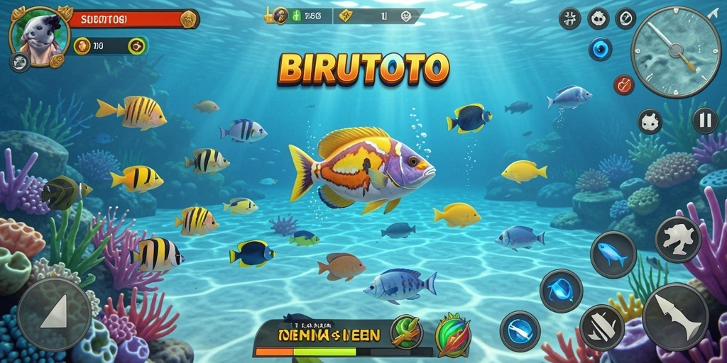 Screenshot gameplay BIRUTOTO menampilkan aksi seru menembak ikan.