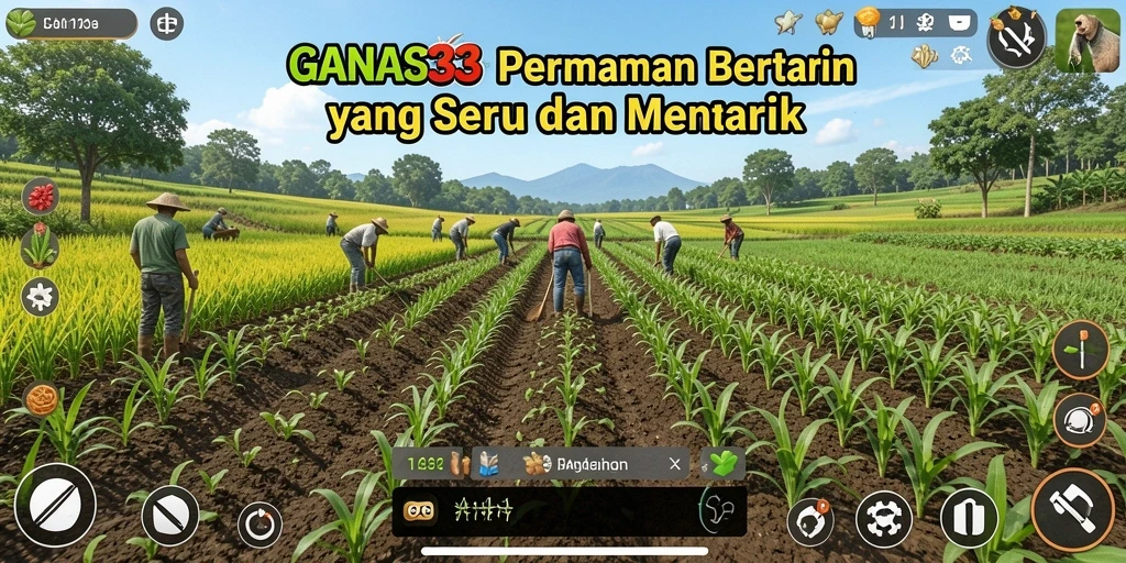 Tangkapan layar gameplay GANAS33 yang menunjukkan kegiatan bertani yang seru.