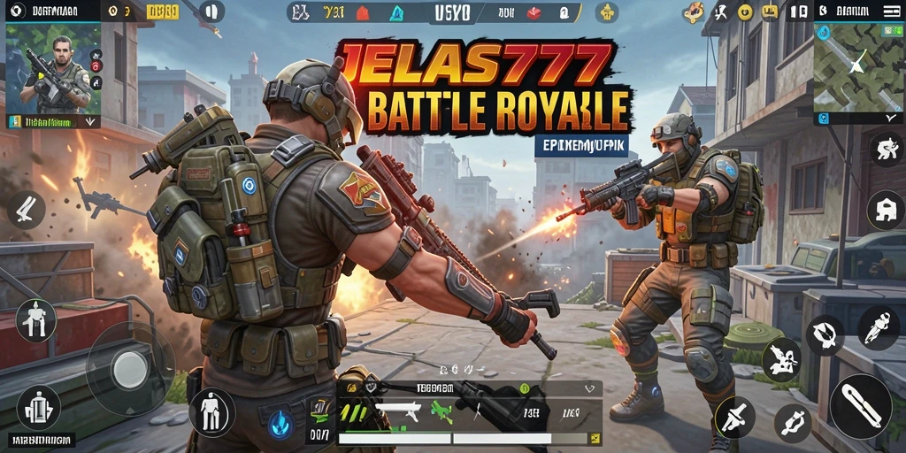 Screenshot gameplay JELAS777 menunjukkan pertempuran intens di arena Battle Royale.