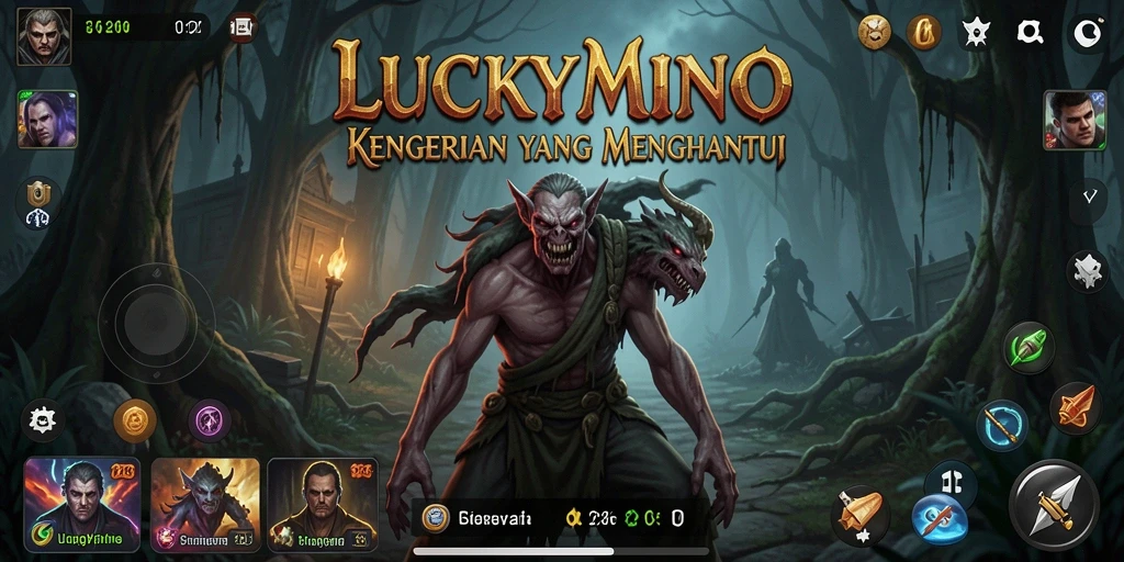 Tangkapan layar gameplay dari <strong>LUCKYMINO</strong> menampilkan suasana menegangkan dan kengerian yang mendalam.