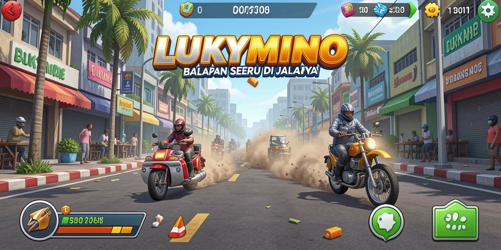 Screenshot gameplay LUKYMINO menampilkan balapan yang mendebarkan di jalanan.