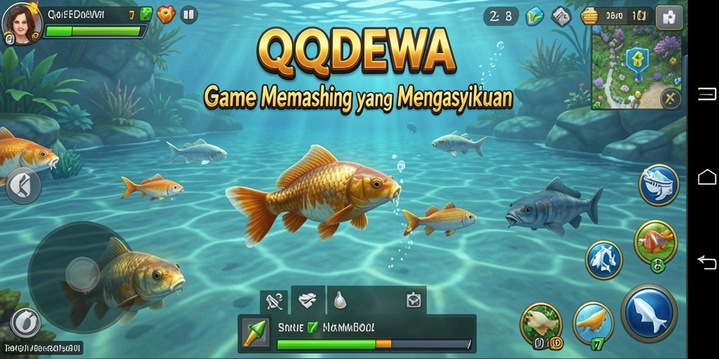 Tampilan gameplay QQDEWA yang menarik dengan berbagai lokasi memancing.